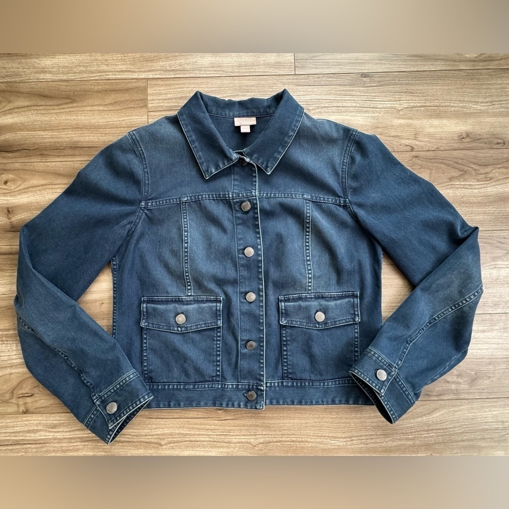 J Jill Women's Stretch Button Down Blue Jean Jacket Size Small Dark Denim